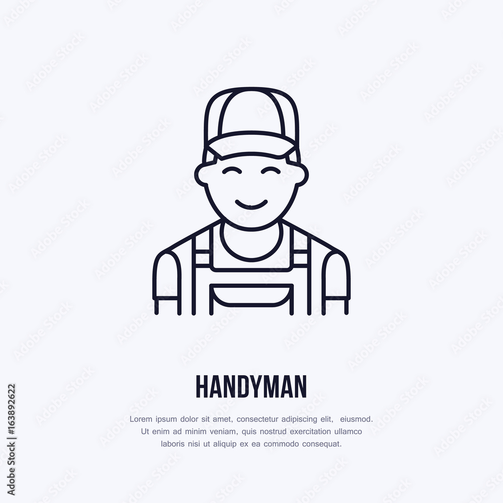 Handyman services logo, repairman flat line icon. Smiling work man thin linear sign for plumber, mechanic or carpenter service. Handyman services logo, repairman flat line icon. Smiling work man thin linear sign for plumber, mechanic or carpenter service.