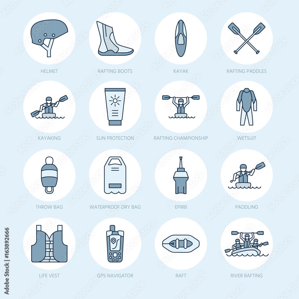 Rafting, kayaking flat line icons. Vector illustration of water sport equipment - river raft, kayak, canoe, paddles, life vest. Linear signs set, summer recreation pictograms for paddling gear store. Rafting, kayaking flat line icons. Vector illustration of water sport equipment - river raft, kayak, canoe, paddles, life vest. Linear signs set, summer recreation pictograms for paddling gear store.