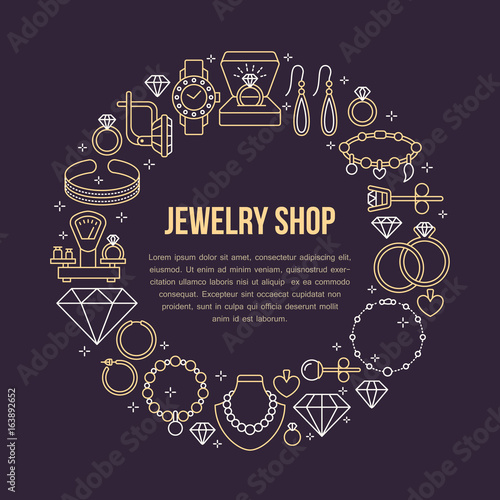 Jewelry shop, diamond accessories banner illustration. Vector line icon of jewels - gold engagement rings, gem earrings, silver necklaces, brilliant. Fashion store circle template with place for text.