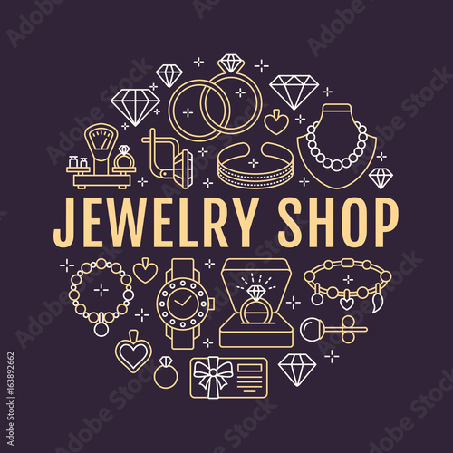 Jewelry shop, diamond accessories banner illustration. Vector line icon of jewels - gold engagement rings, gem earrings, silver necklaces, charms bracelets, brilliants. Fashion store circle template.
