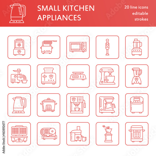 Kitchen small appliances line icons. Household cooking tools signs. Food preparation equipment - blender, coffee machine, microwave, toaster, meat grinder. Thin linear signs for electronics store.
