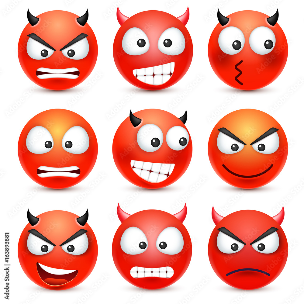 Smiley,emoticon set. Red face with emotions. Facial expression. 3d realistic emoji. Sad,happy,angry faces.Funny cartoon character.Mood. Web icon. Vector illustration. Smiley,emoticon set. Red face with emotions. Facial expression. 3d realistic emoji. Sad,happy,angry faces.Funny cartoon character.Mood. Web icon. Vector illustration.