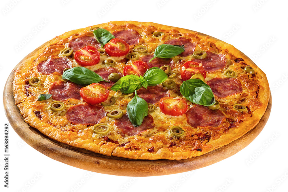 Delicious pizza served on wooden plate isolated on white Delicious pizza served on wooden plate isolated on white