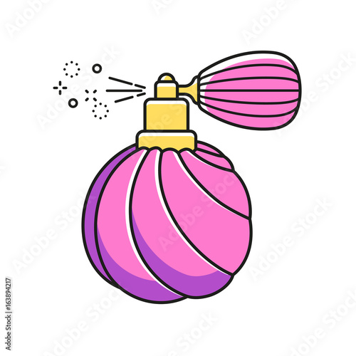 Promo illustration of pink color girl parfume bottle package. Product flat retro tag or fashion game badge. Thin line outline vector perfumes icon 