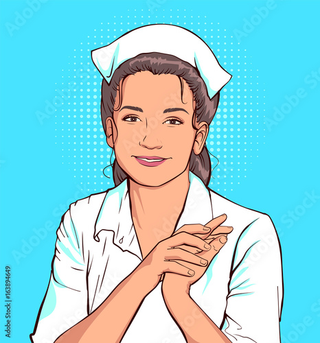 Shy nurse woman in white coat