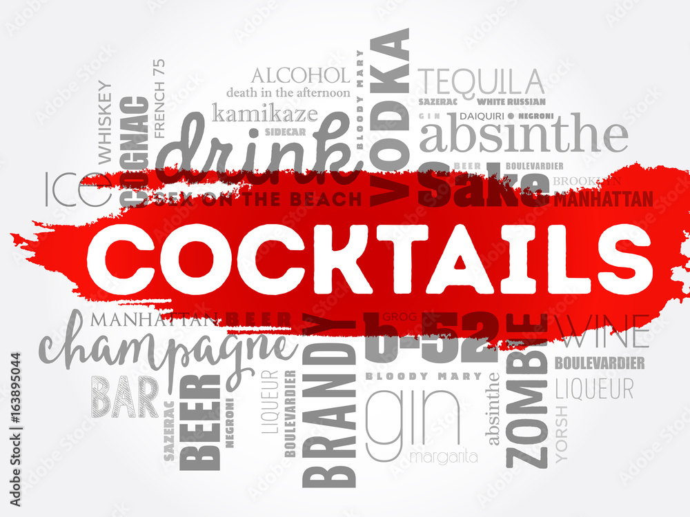Different cocktails and ingredients, word cloud collage, design concept background Different cocktails and ingredients, word cloud collage, design concept background