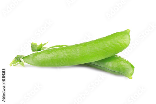 Fresh green peas pods on white background