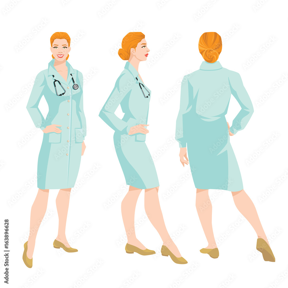 Vector illustration of woman doctor in medical gown on white background. Various turns woman's figure. Front view, back and side view.