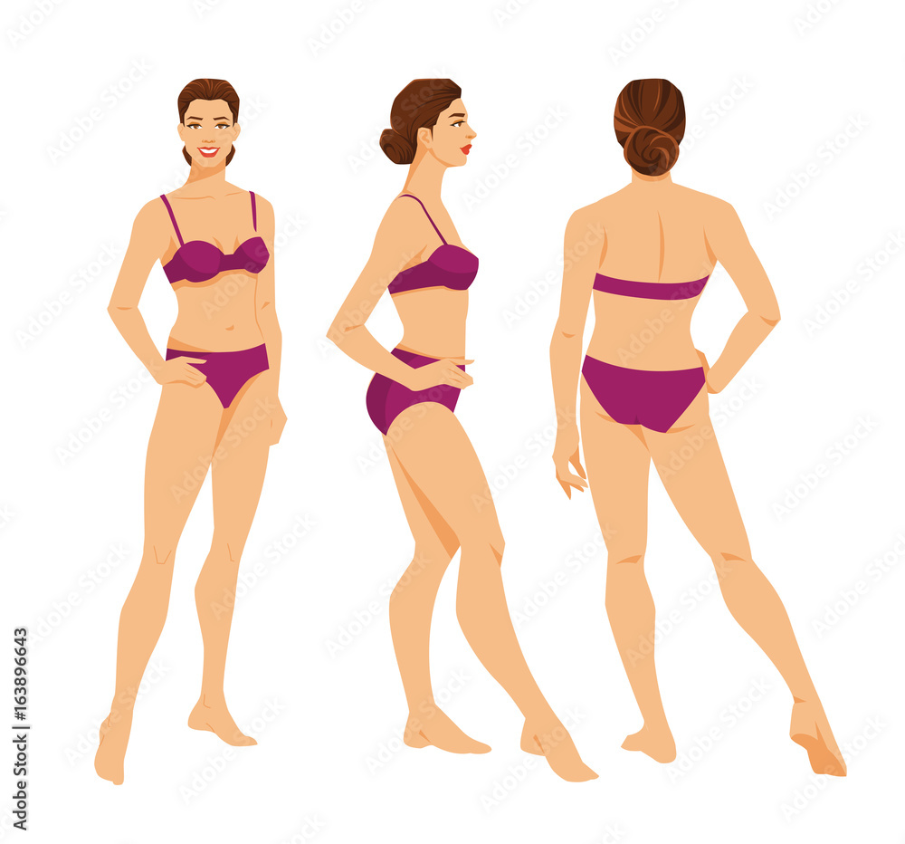 Vector illustration of beautiful woman in underwear on white background. Various turns woman's figure. Front view, side and back view view.