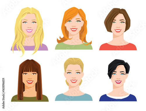 vector illustration of young woman's face with different hair style on white background