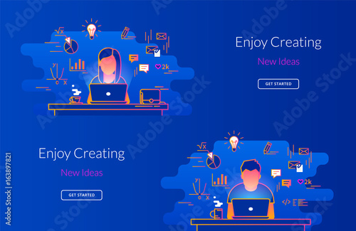 Young woman and man working with laptop at work desk. Gradient line vector illustration of student working process sitting at home. Educational background of young people learning and studying indoor