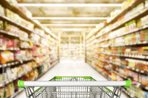 Abstract blurred photo of store with trolley in department store bokeh background photo