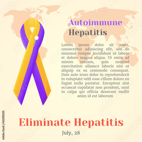 World Hepatitis Day. Colorful awareness ribbons isolated over world map in cartoon style. Vector illustration. Holiday Collection.