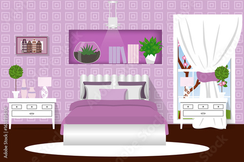 The interior of the bedroom. Lilac room. Cartoon. Vector illustration.