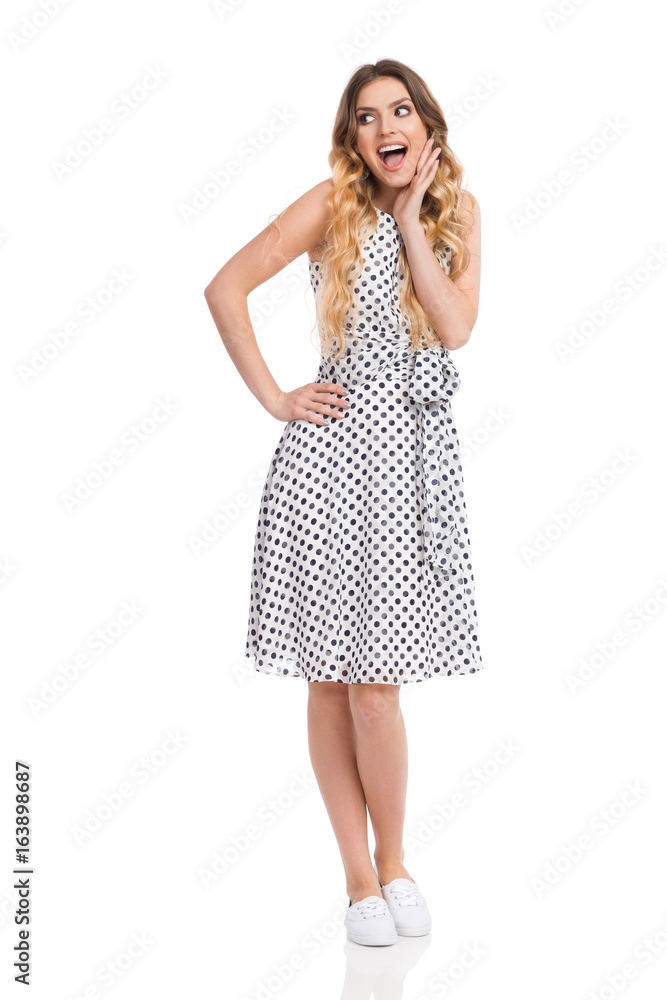 Excited Woman In White Dotted Dress Is Shouting And Looking Away Excited Woman In White Dotted Dress Is Shouting And Looking Away