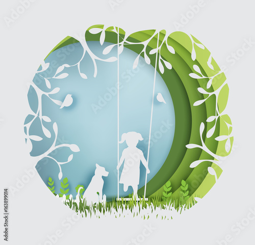 tree with swinging kid , paper art style.vector illustration