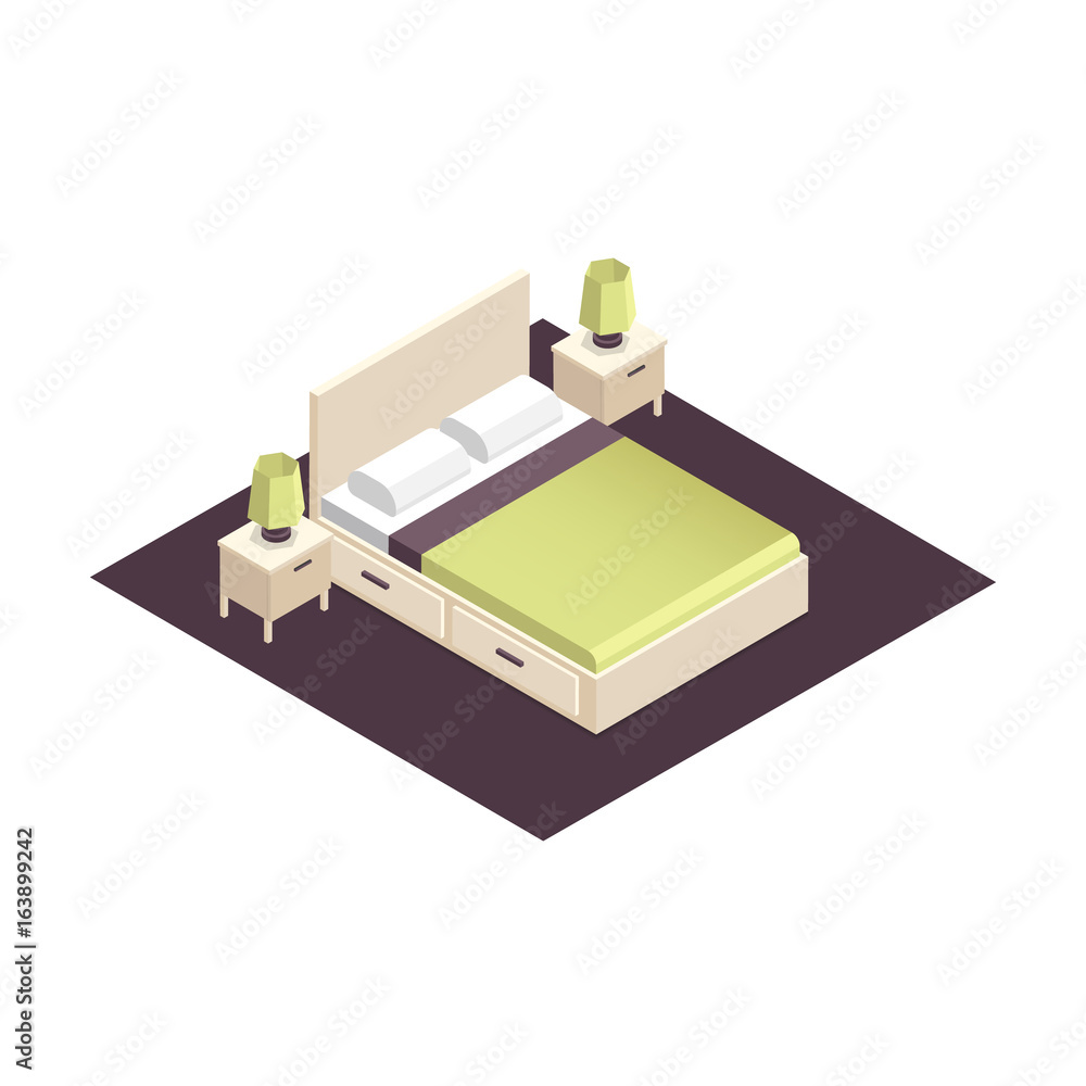 Isometric part of the bedroom interior design. Bed with nightstands vector illustration Isometric part of the bedroom interior design. Bed with nightstands vector illustration