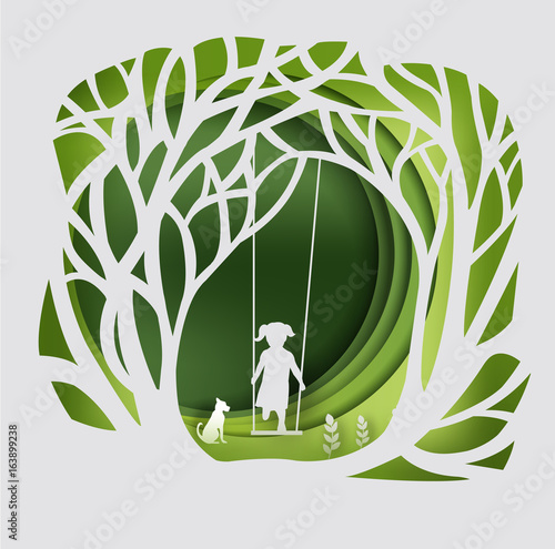  tree with swinging kid , paper art style.vector illustration