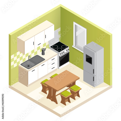 Isometric room interior design. Miniature apartment kitchen vector illustration