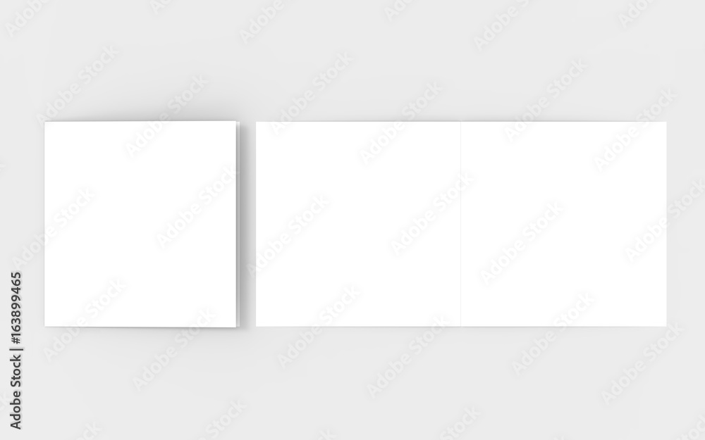 Square bi-fold brochure mock up isolated on soft gray background. 3D illustrating.