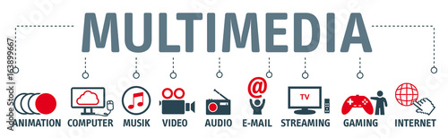 Banner Multimedia. Piktogramme zu den Themen Video, Grafik, Audio und mehr photo