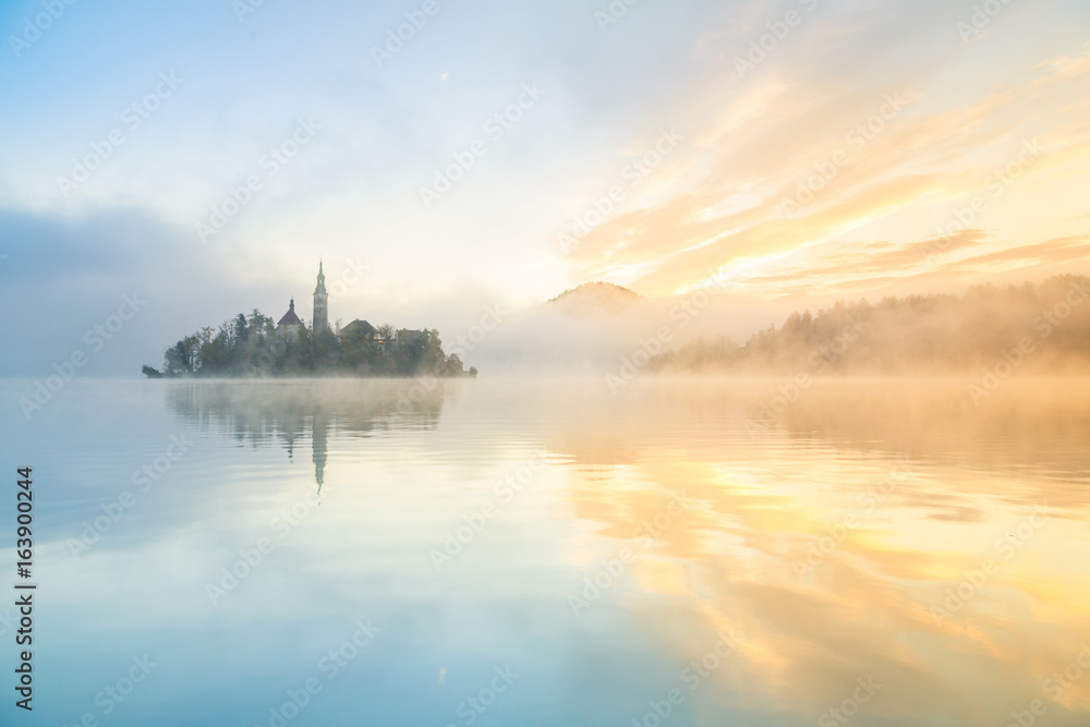 Amazing sunrise at the lake Bled in autumn, Slovenia, Europe