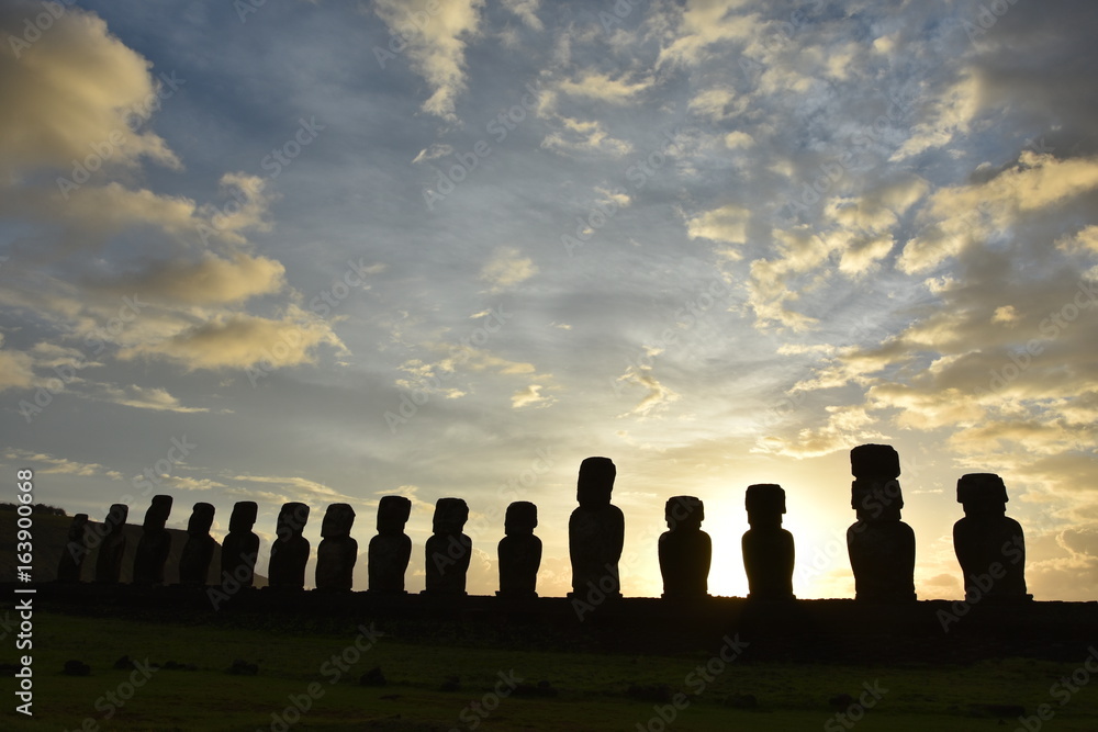 Moai statues at Ahu Tongariki, on Easter Island (Rapa Nui)