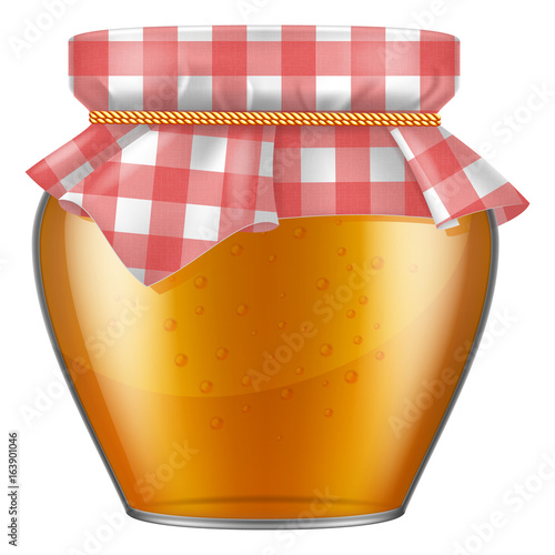 Jar of honey with fabric cover. Vector illustration.