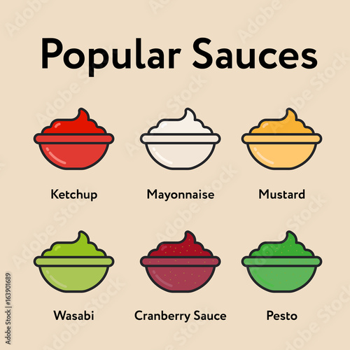 Popular Sauces Minimal Color Flat Line Stroke Icon Pictogram Symbol Illustration Set Collection Ketchup, Mayonnaise, Mustard, Wasabi, Cranberry, Pesto