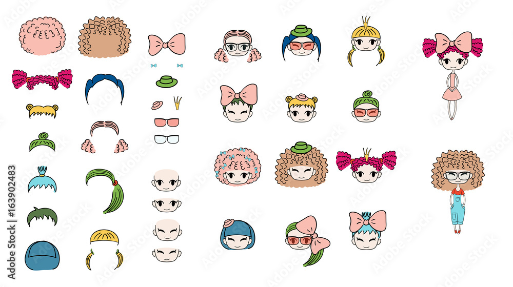 Collection of hand drawn vector doodles of kawaii funny girls heads with different hairstyles, accessories and two bodies.