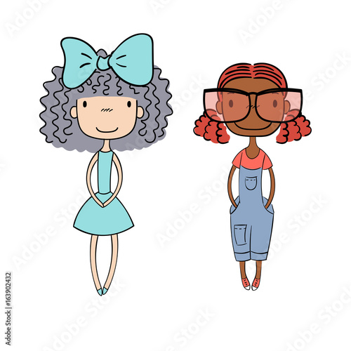 Hand drawn vector illustration of two cute little trendy girls with different hairstyles, skin colors, dressed in a dress and denim overalls.