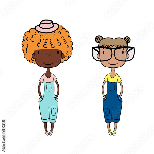 Hand drawn vector illustration of two cute little trendy girls with different hairstyles, skin colors, dressed in denim overalls.