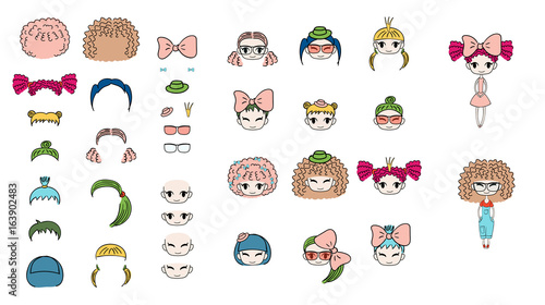 Collection of hand drawn vector doodles of kawaii funny girls heads with different hairstyles, accessories and two bodies.