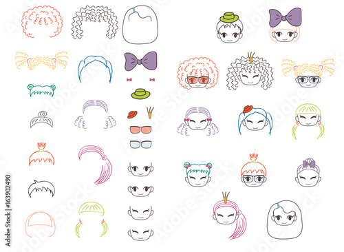 Collection of hand drawn vector doodles of kawaii funny girls heads with different hairstyles and trendy accessories. © Maria Skrigan