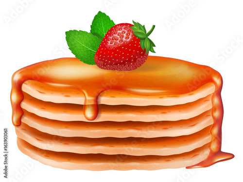 Pancakes with strawberry and mint leaves. Vector illustration.