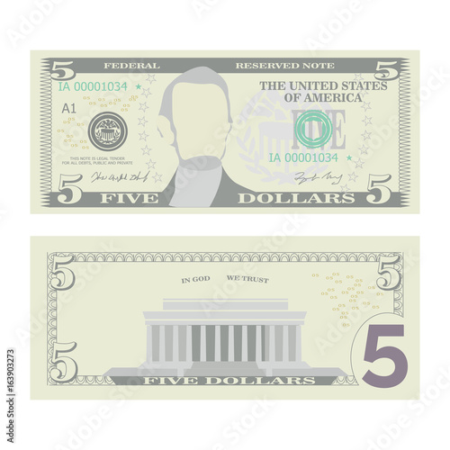 5 Dollars Banknote Vector. Cartoon US Currency. Two Sides Of Five American Money Bill Isolated Illustration. Cash Symbol 5 Dollars