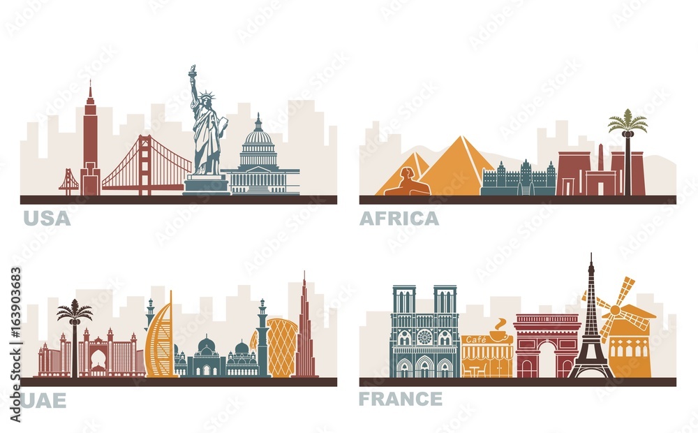 USA, France, UAE and Africa. Architectural landmarks around the world.