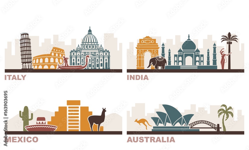 Fototapeta premium Italy, India, Mexico, Australia. Architectural landmarks around the world.