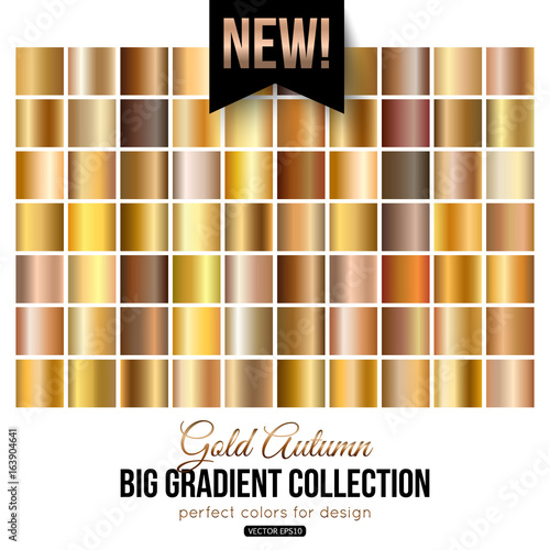 Vector big collection of gold autumn gradient. Golden background metallic, foil texture, vector illustration.