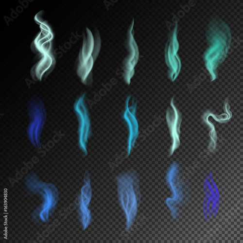 Colorful smoke on black background isolated. abstract realistic blue smoke set. 3d illustration. vector. created with gradient mesh.