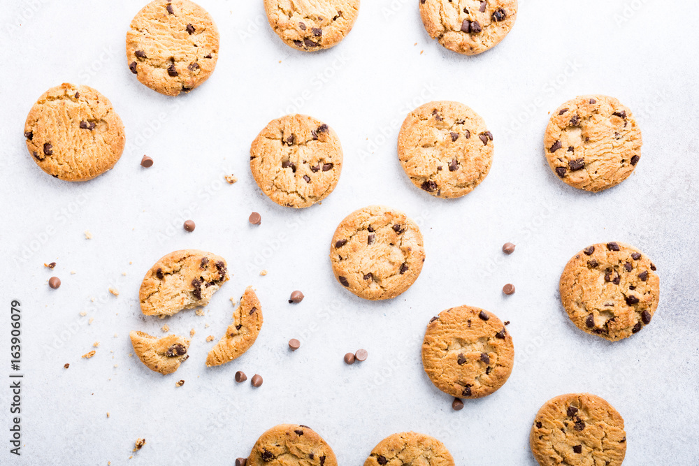 Background with chocolate chip cookies. Flat lay. Top view.