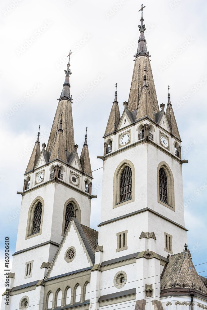 Old church towers with clock, abstract view - Romania Transylvania