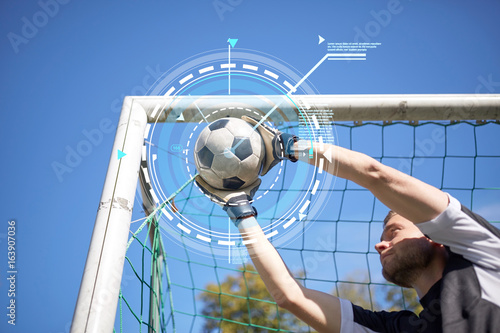 Leinwand Poster goalkeeper with ball at football goal on field