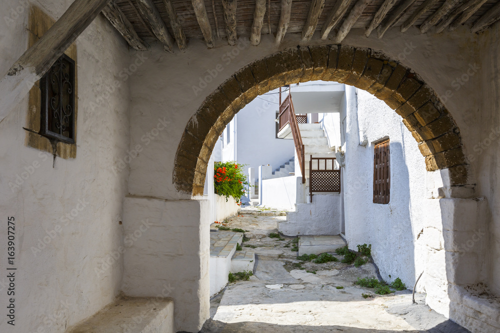 Street in Chora village on Skyros island in Greece.
