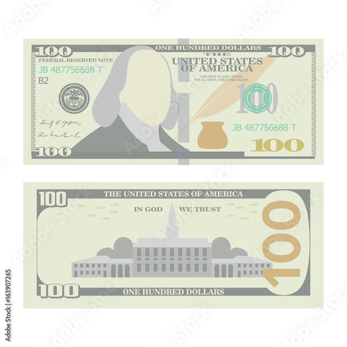 100 Dollars Banknote Vector. Cartoon US urrency. Two Sides Of One Hundred American Money Bill Isolated Illustration. Cash Symbol 100 Dollars