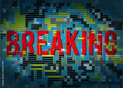Breaking news title with glitch abstract background and distortion effect.