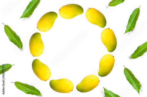 Top view and pattern of Mango fruit, Mango leaves for isolated on white background, Thai mango on on white background for cut off, Asia mango on summer