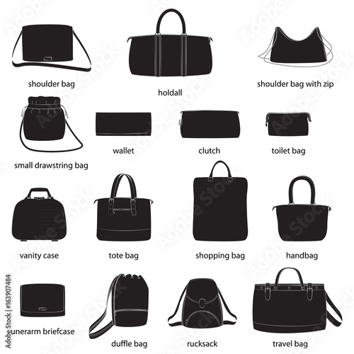Set of woman bags with names. Black silhouettes, white background. Vector illustration.