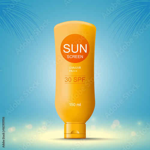 Sun screen lotion bottle template on blue background, vector illustration