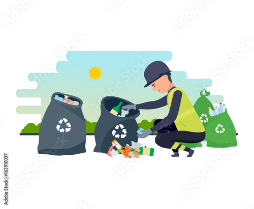 Cleaning city. Household waste, recycling. Employee of service collect garbage.